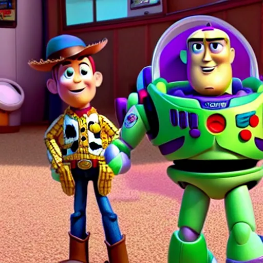 Prompt: Woody and Buzz Lightyear meet a Furby in Toy Story 5