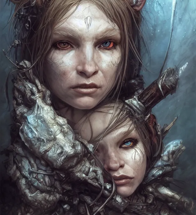 Image similar to hyper realistic portrait of postapocalyptic elf woman, cinematic, symmetrical face, dark crystal, artstation, cgsociety, alan lee, brian froud jean baptiste monge, scott radke