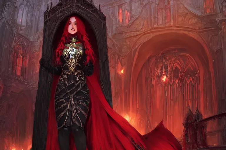 Prompt: female archmage, academy headmaster, long red hair, black and red ornate!!! dress,, d & d, castle hallway background highly detailed, digital painting, artstation, concept art, sharp focus, illustration, cinematic lighting, art by artgerm and greg rutkowski and alphonse mucha