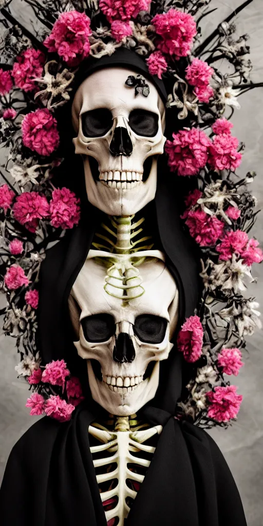 Prompt: cinematic shot epic portrait skeleton wearing a dark robe covered in flowers, hyper realistic, mood lighting, fantasy, detailed face, highly detailed, super realistic, perfect lighting javascript