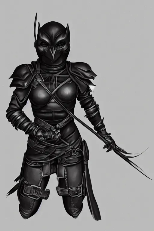 Image similar to female adventurer in tight full - body black leather armor of japanese design and a black porcelain crow mask, trending in artstation, establishing shot