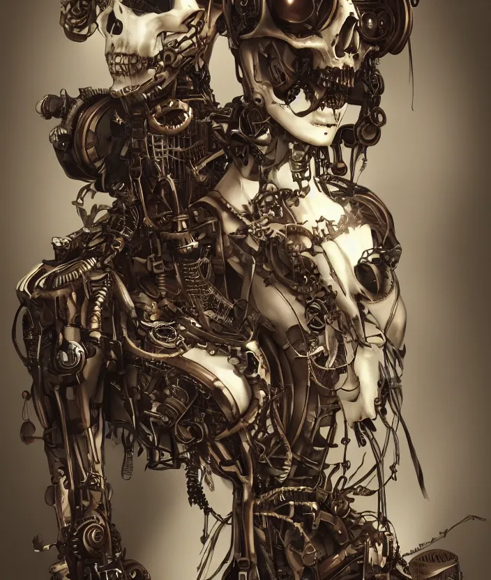 Prompt: Steampunk cyborg skeleton girl, artstation trending, highly detailded