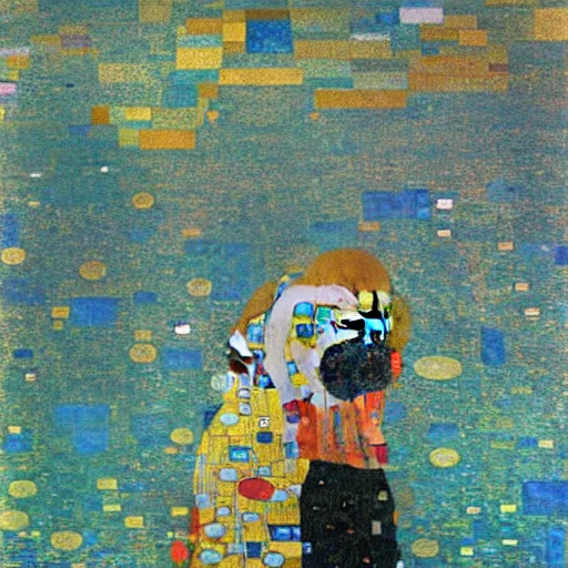 Image similar to two lovers in the sea with a rainbow, Klimt painting,