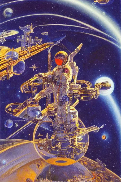 Image similar to space privateer madison beer, painted by james c. christensen and robert mccall, trending on artstation, soft illumination microscopic view abstract illusionism, in the silver hour, avant - garde