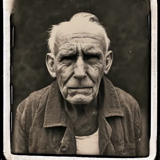 Image similar to tintype photograph, post - nuclear town, old man, tattooed man, sad man, 2 0 9 0 s