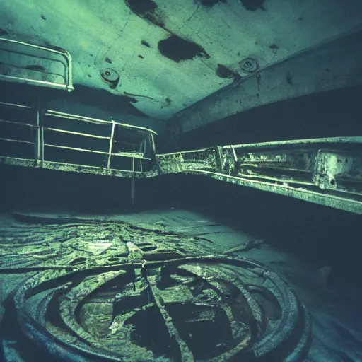 Prompt: the interior of a partially flooded rusty shipwreck, dark, scary lighting, scary, creepy, eerie, horror, submechanophobia, water ripples, photo,