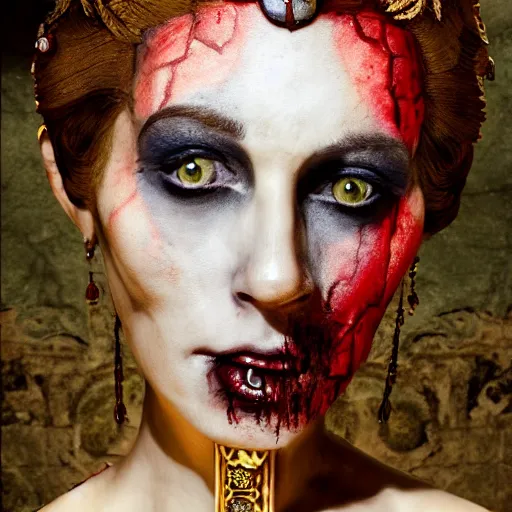 Image similar to in the tomb of empress sissi, vienna, austria, beautiful woman, zombie, pen and ink, 8 k, hyperrealistic, hyperdetailled, beautiful face, dark fantasy