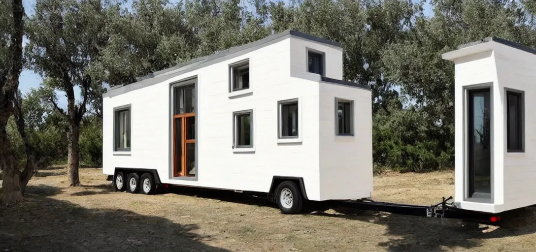 Image similar to greek tiny house on trailer that looks like the parthenon made of marble designed by iktinos and callicrates.