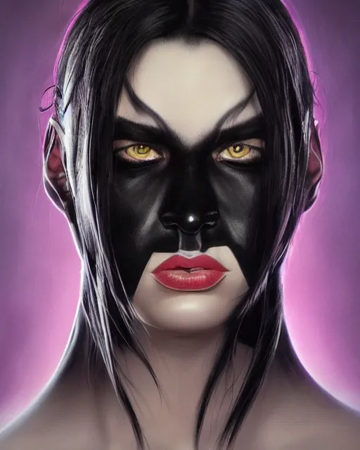 Image similar to portrait of evil a tall 4 0 - year - old woman with thin lips, heavy - lidded eyes, a strong jaw and long, thick shining black hair, thick eyebrows and long eyelashes, wearing in black clothes, hyper realistic face, beautiful eyes, character art, art by mark brooks, hyperdetailed, cryengine, trending on artstation, digital art