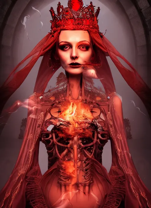 Image similar to a beautiful detailed 3 d matte painting, variations around female, queen, necromancer, symmetrical features, vertical portrait, skeleton, whirling smoke, embers, red adornements, red torn fabric