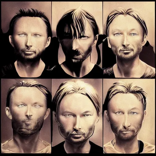 Prompt: prints of random thom yorke versions on a table, hyper realistic, many very random variations of thom yorke, various emotions, various poses, high quality photographs, mixed styles, intricate details, diverse