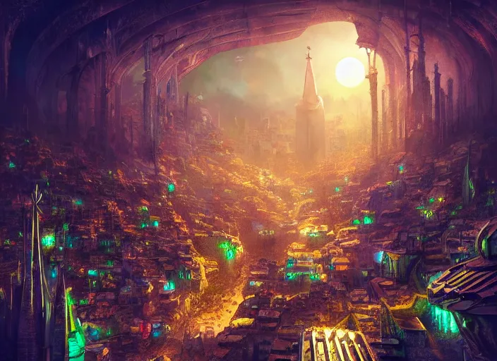 Image similar to favela spaceship cathedral, fantasy environment, sorcery, scenery, professional, award - winning, trending on artstation, hyper detailed, realistic, beautiful, emotional, shiny, colorful, picture