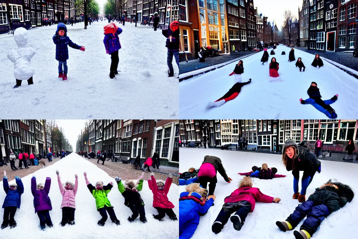 Prompt: a group of kids making snow angels on the snow in the streets of amsterdam