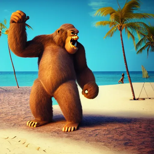 Image similar to king kong wearing a bikini, clearing a space for himself at the beach, cinematic, octane render, sunny day, tropical island.