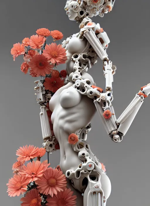 Image similar to biomechanical marble statue with porcelain skin coral and daisies carrying a bottle of perfume, up close shot, sharp focus, global illumination, radiant light, alexandre ferra white mecha, irakli nadar, octane highly render, 4 k, ultra hd,