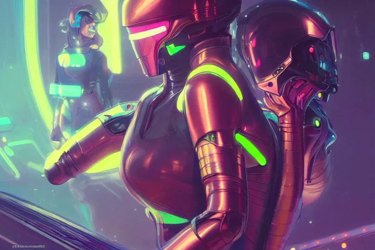 Prompt: Good looking young women wearing neon coloured armour suits in a space station, elegant, intricate, retrofuturistic digital painting, artstation, concept art, smooth, sharp focus, illustration, art by artgerm and greg rutkowski and alphonse mucha