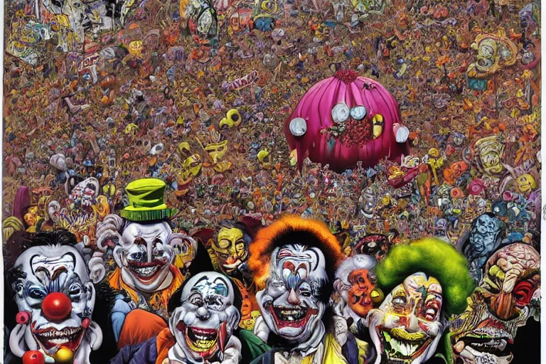 Image similar to endless crowd of clowns by rotella mimmo, kenny scharf, jacek yerka, peter bagge, simon bisley, artur bordalo, judy chicago, geof darrow