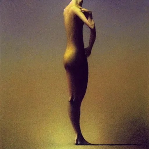 Image similar to a woman in a dress posing, feeling of surrender, by Zdzislaw Beksinski