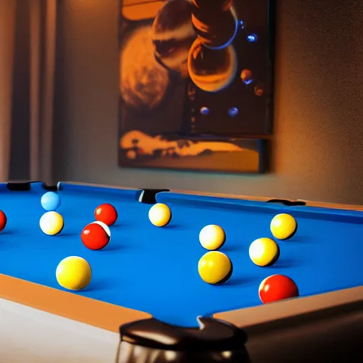 Image similar to planets of the galaxy as pool balls on a pool table with aliens holding pool sticks and drinking alien drinks movie still, cinematic, photorealistic, extreme detail, sharp focus, 8 k, intricate, hyper detailed, realistic, cinematic lighting