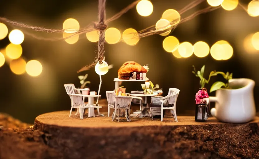 Image similar to mini cafe for mice diorama macro photography, ambient, atmospheric photograph, bokeh, string lights, hanging plants, coffee, pastries