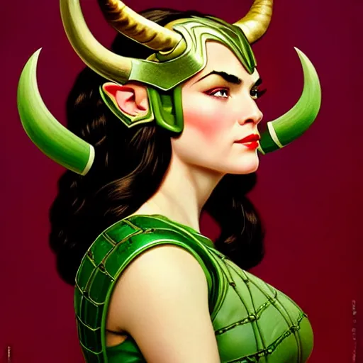 Image similar to head and shoulders portrait of a female Loki with horned helmet, illustration, medium shot, intricate, elegant, highly detailed, digital art, ffffound, art by gil elvgren and sachin teng