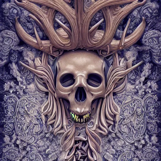 Prompt: beautiful classical holy decorative ornament, sacred biomechanical skull, snake scales, antlers, acanthus scrolls, lilies, ivy, energy, geometry, bones, petals, stems, ceremonial clouds, dripping paint, fibonacci rhythm, artstation, artgerm, wlop