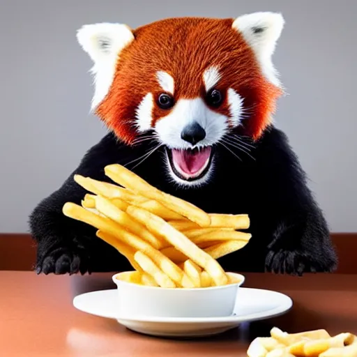 Prompt: a red panda wearing a Darth Vader helmet eating french fries