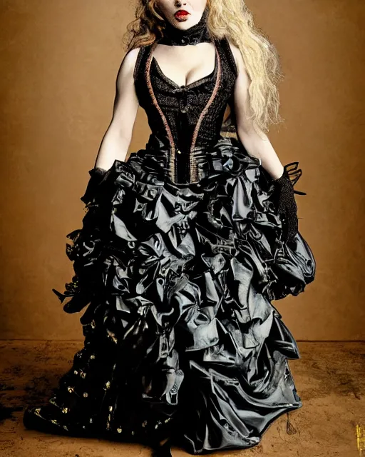 Image similar to Pop star Madonna as a Hippo wearing a Victorian era dress designed by Sandy Powell, Rick Baker makeup and prosthetics, studio lighting, photographed in the style of Annie Leibovitz