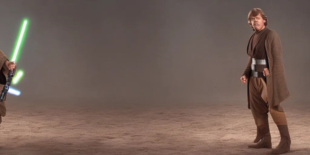 Image similar to Luke Skywalker Return of the jedi costume played by Mark Hamill 1983, standing alone, full body shot, motion blur, sequel trilogy 80s, green lightsaber, heroic pose, running through battle ultra realistic, 4K, movie still, UHD, sharp, detailed, cinematic, render, modern