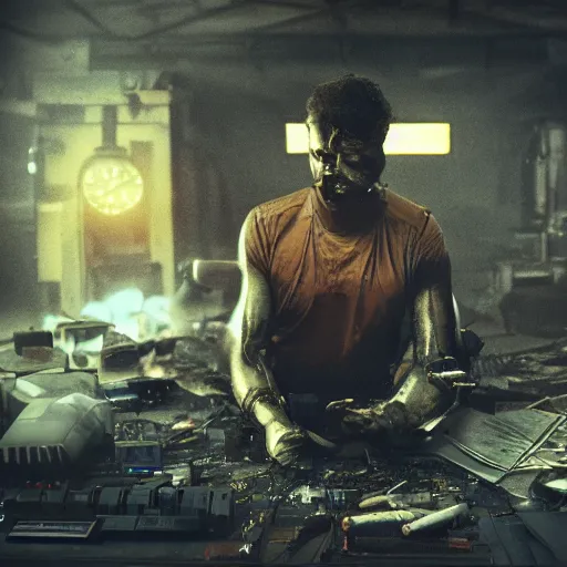 Image similar to augmented human repairing commodore 6 4, dark messy smoke - filled cluttered workshop, dark, dramatic lighting, orange tint, cinematic, highly detailed, sci - fi, futuristic, movie still from blade runner