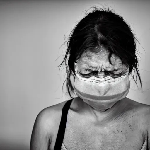 Prompt: photorealism of COVID-19 is a respiratory illness that causes fever, coughing, and shortness of breath. It is caused by the SARS-CoV-2 virus (severe acute respiratory syndrome coronavirus by Graciela Iturbide depressing, frustrated detailed, high definition chaotic, micro details wide angle lens dark lighting