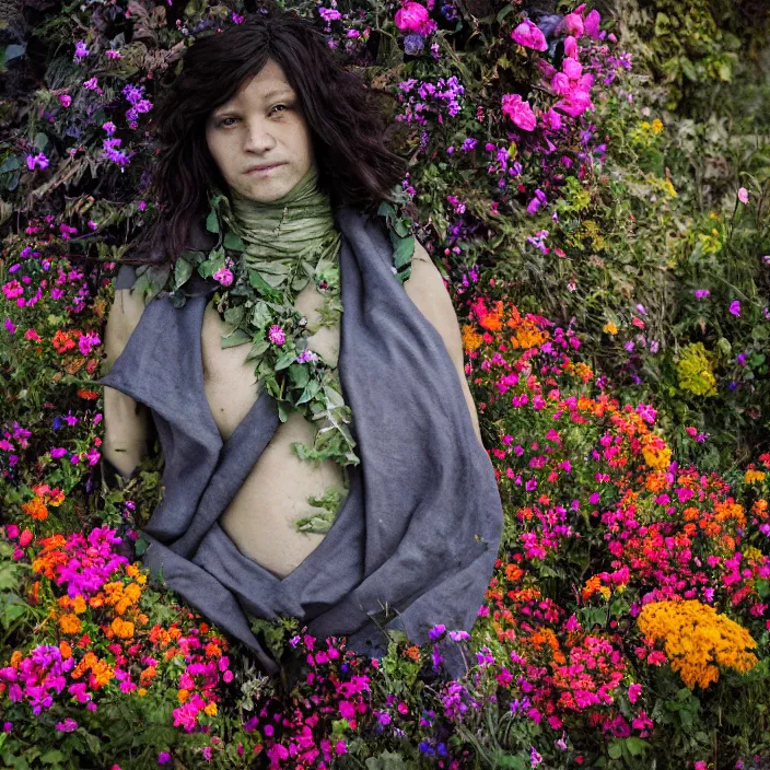 Image similar to a golem wearing a cloak made of flowers, by Omar Z. Robles, CANON Eos C300, ƒ1.8, 35mm, 8K, medium-format print