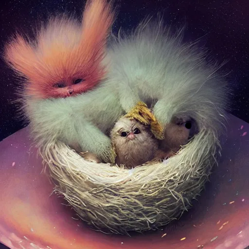 Prompt: long shot of a very fluffy furry alien chick nesting in a floral cup, esao andrews, by m. w. kaluta, humorous illustration, hyperrealistic, tilt shift, warm colors, night scenery, low light, 3 d octane render, 4 k, volumetric lights, smooth, cosy atmosphere, conceptart, hyperdetailed, trending on deviantart