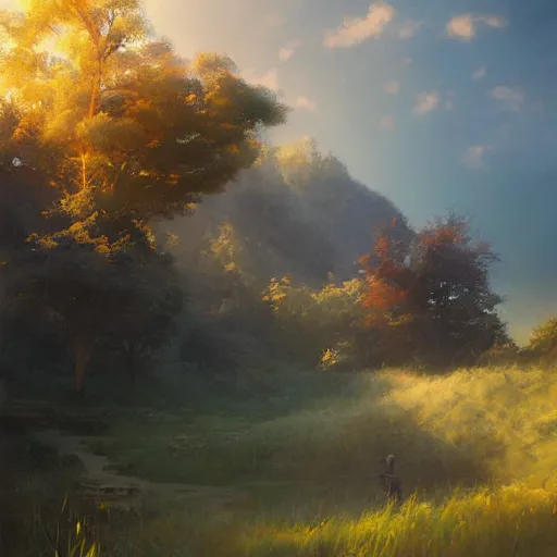 Image similar to landscape, volumetric lighting, dew, spring evening, clear weather, ( few clouds ), realistic illustration, golden hour, perfectly shaded, soft painting, art by krenz cushart and wenjun lin