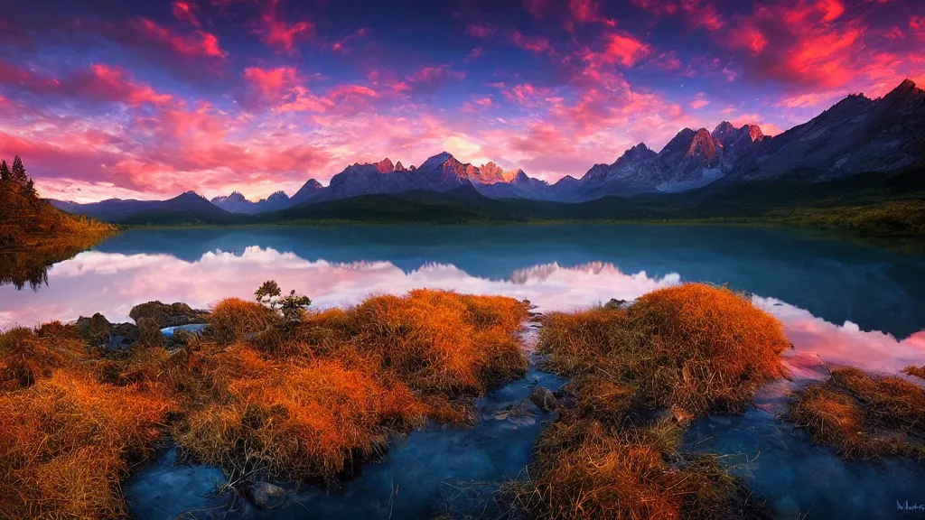 Image similar to amazing landscape photo of mountains with lake in sunset by marc adamus, beautiful dramatic lighting