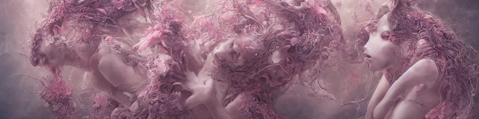 Image similar to hyperrealistic solarpunk photography of a highly detailed and symmetrical gorgeous cyborg nymph awash in a sea of pink milk in the style of beth cavener, jin kagetsu, james jean and wlop, highly detailed, face symmetry, masterpiece, award - winning, sharp focus, intricate concept art, ambient lighting, 8 k, artstation