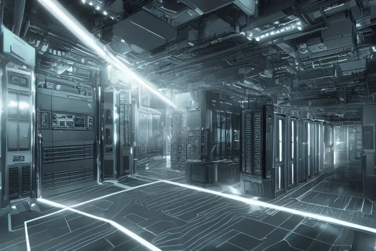 Image similar to parallax datacenter server room interior single mono colossus white rusty android guest robosaurus alarm artstation cinematic detailed concept art volumetric light sharp coherent cgsociety symmetric perfect well balanced shadows lotr servers