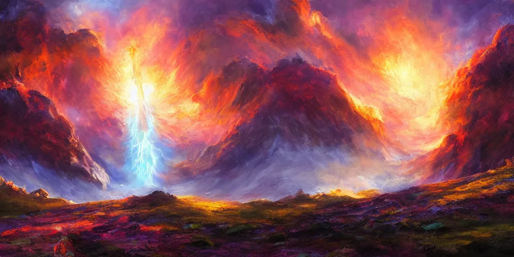 Image similar to magical explosion in a valley, fantasy, oil painting, concept art, 8 k