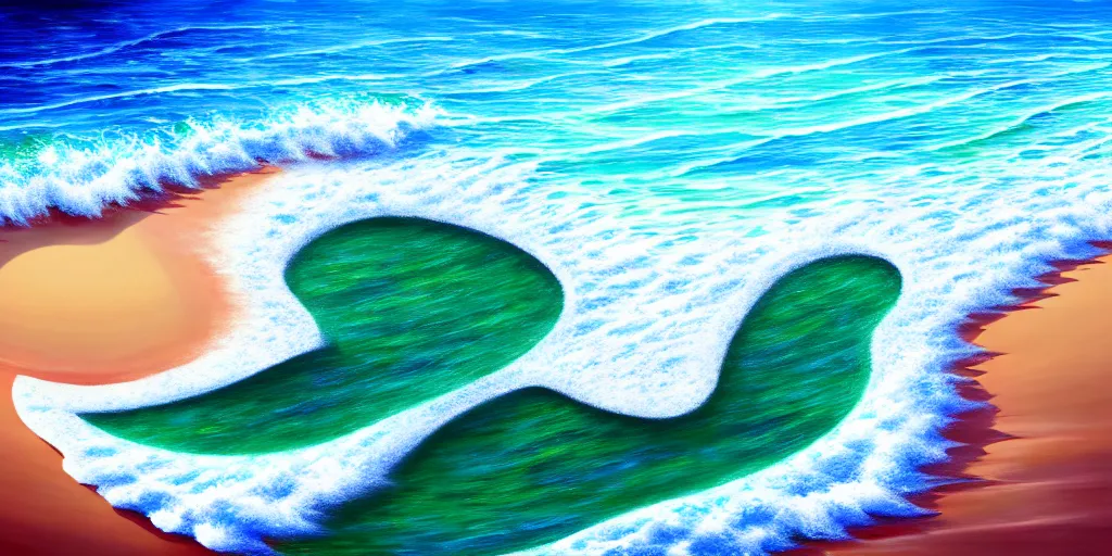 Image similar to a beach shaped like a singing mouth, the waves are made is musical notes, one wave is shaped like the mouths tongue, very colorful painting 8 k trending on art station, intricate details, very realistic, cinematic lighting, volumetric lighting,