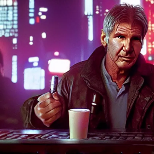 Image similar to harrison ford as deckard from bladerunner doing standup comedy in a cyberpunk bar