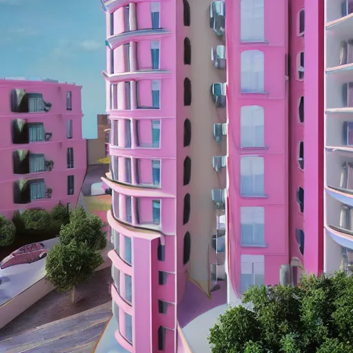 Image similar to Dali inspired apartment block in pink and teale pastel colours, hyperrealistic, octane render, architectural perfection, insane detail