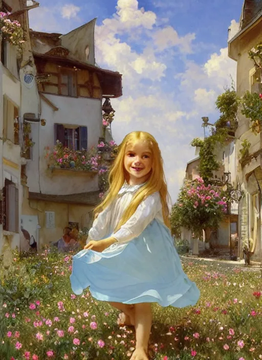 Prompt: a cute happy little girl with long golden blonde hair wearing a sky blue summer dress stands in the square of a french village, beautiful painting by artgerm and greg rutkowski and alphonse mucha