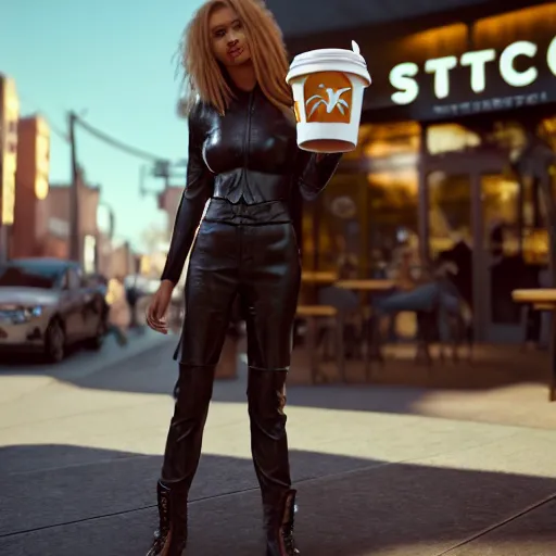 Prompt: a sweet anthro!! Fox wearing leather clothes and doing the peace sign standing in front of a Starbucks. cinematic, hyper realism, high detail, octane render, 8k, iridescent accents, render, trending on artstation, very coherent symmetrical artwork.