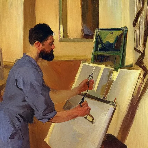 Prompt: sorolla's painting of the bioinformatician installing python software