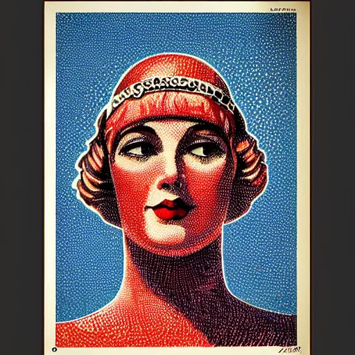 Image similar to pointillism stamp, vintage clothing poster, precise stippling, cross - hatching, a face of an old warrior, blue and red two - tone, retro label, vintage art deco, 1 9 2 0 s advert