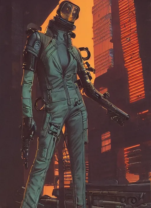 Image similar to menacing cyberpunk mercenary in tactical harbess and jumpsuit. dystopian. portrait by stonehouse and mœbius and will eisner and gil elvgren and pixar. realistic proportions. cyberpunk 2 0 7 7, apex, blade runner 2 0 4 9 concept art. cel shading. attractive face. thick lines.