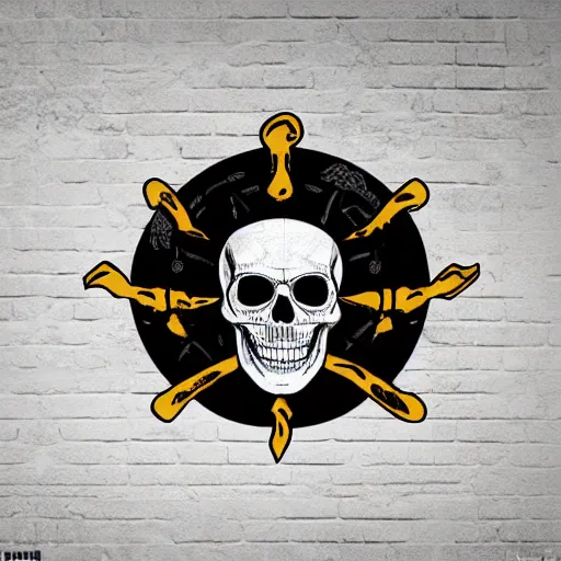 Prompt: a pirate flag, skull design for a rock band, art by Dan Mumford and artgerm, intricate, D&D, dark fantasy