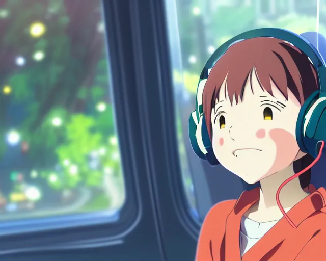 Image similar to anime fine details portrait of joyful girl in headphones in school bus, bokeh. anime masterpiece by Studio Ghibli. 8k render, sharp high quality anime illustration in style of Ghibli, artstation