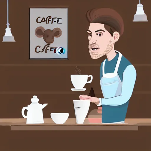 Image similar to a handsome rat barista pouring a cup of coffee in a cafe, soft lighting, digital illustration