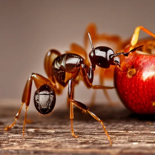 Prompt: a colony of ants crawling all over a rotten and moldy apple on a wooden table, dslr photo, close up